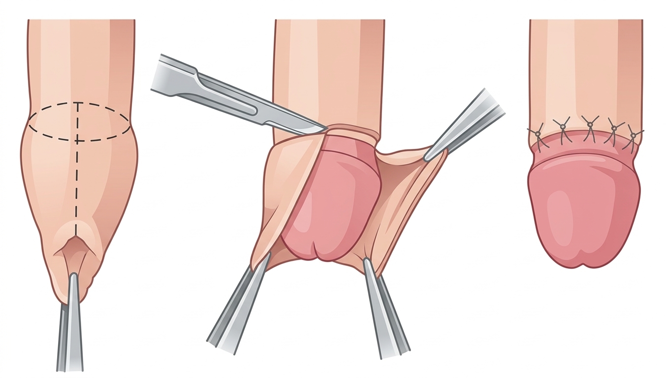 Postectomia — ilustração anatômica para revisão editorial.